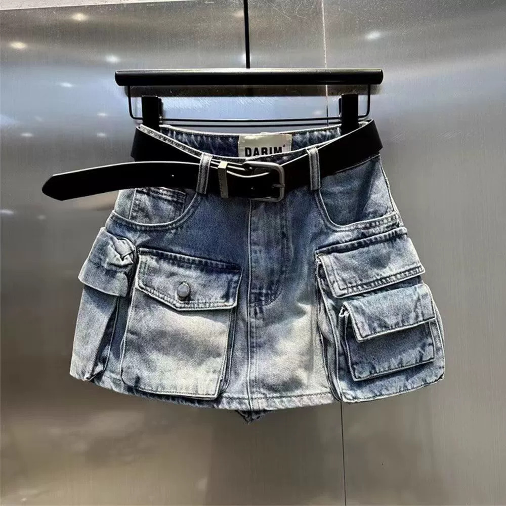 Zara Retro Light Blue High Waist Modesty Denim Cargo Skirt